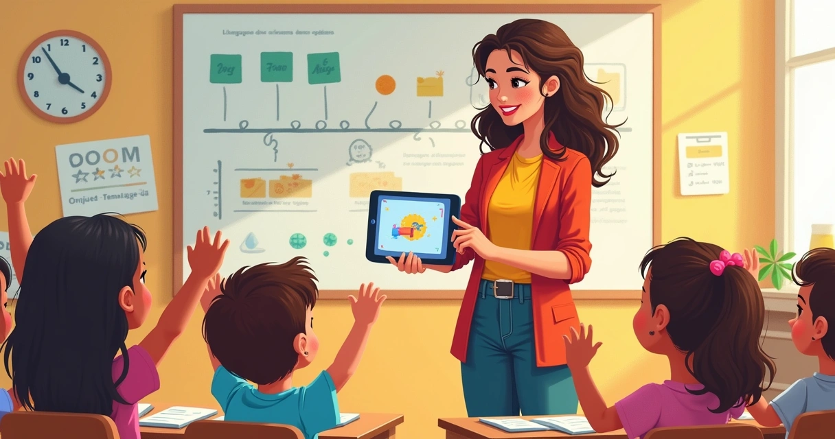 Professora interagindo com alunos usando IA 