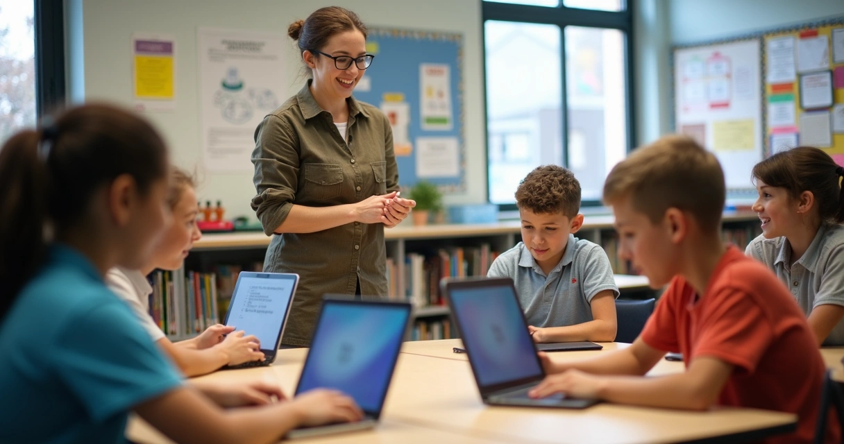 Professora interagindo com alunos em sala de aula utilizando tablets nas mesas 