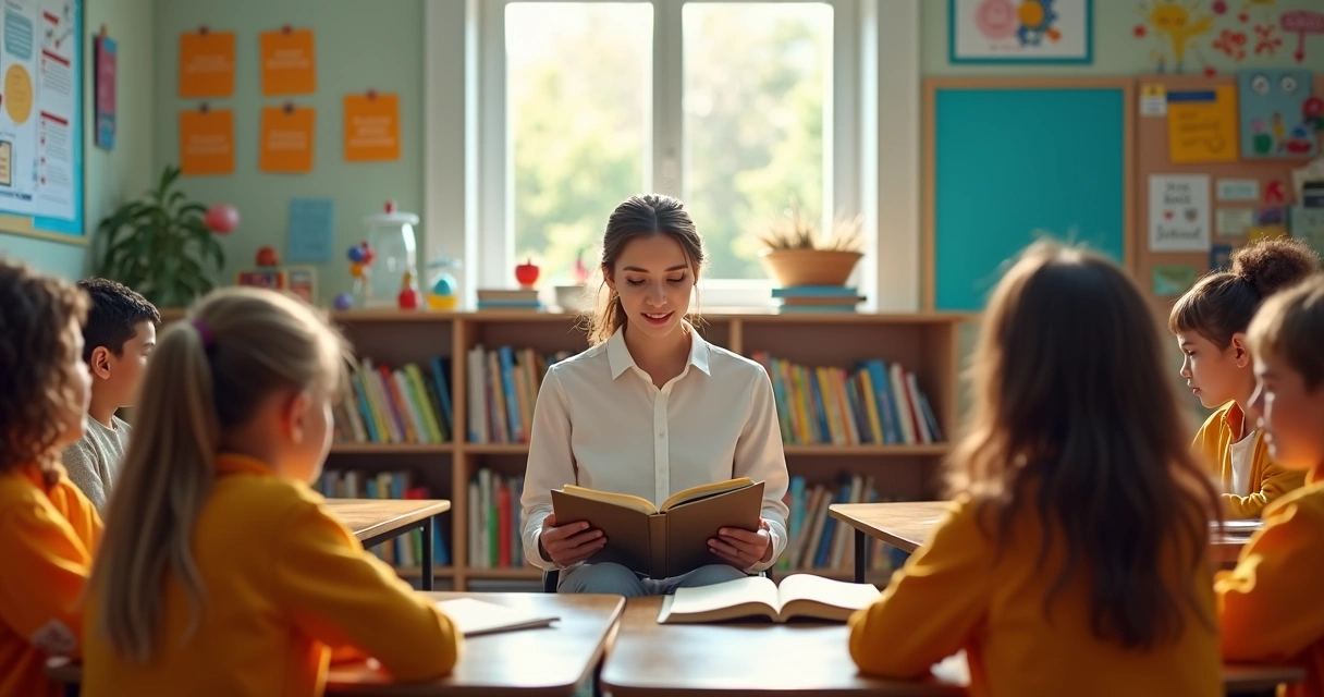 Professora lendo para grupo de estudantes atentos em sala de aula colorida com estantes de livros e cartazes motivacionais 