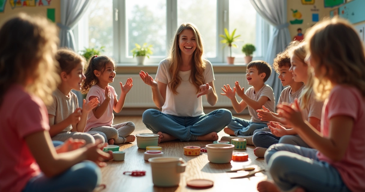 Professora de música brincando com alunos usando instrumentos simples em roda
