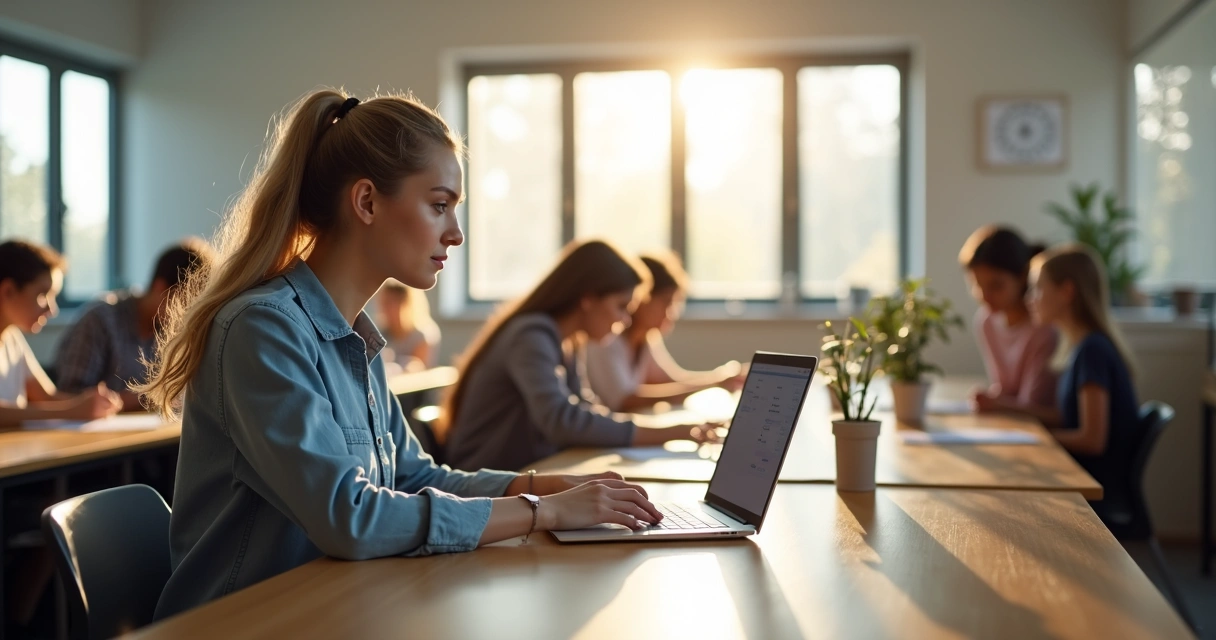 Professora digitando em notebook enquanto atualiza o diário online na sala de aula 