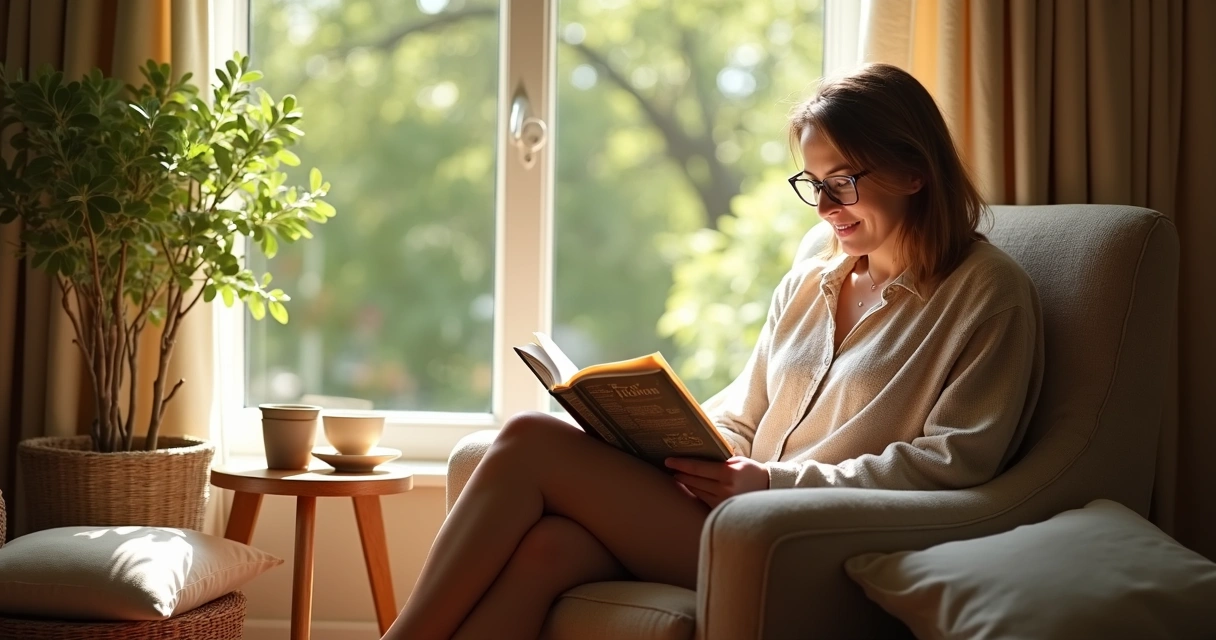 Professora sentada em poltrona lendo um livro perto de janela ensolarada 