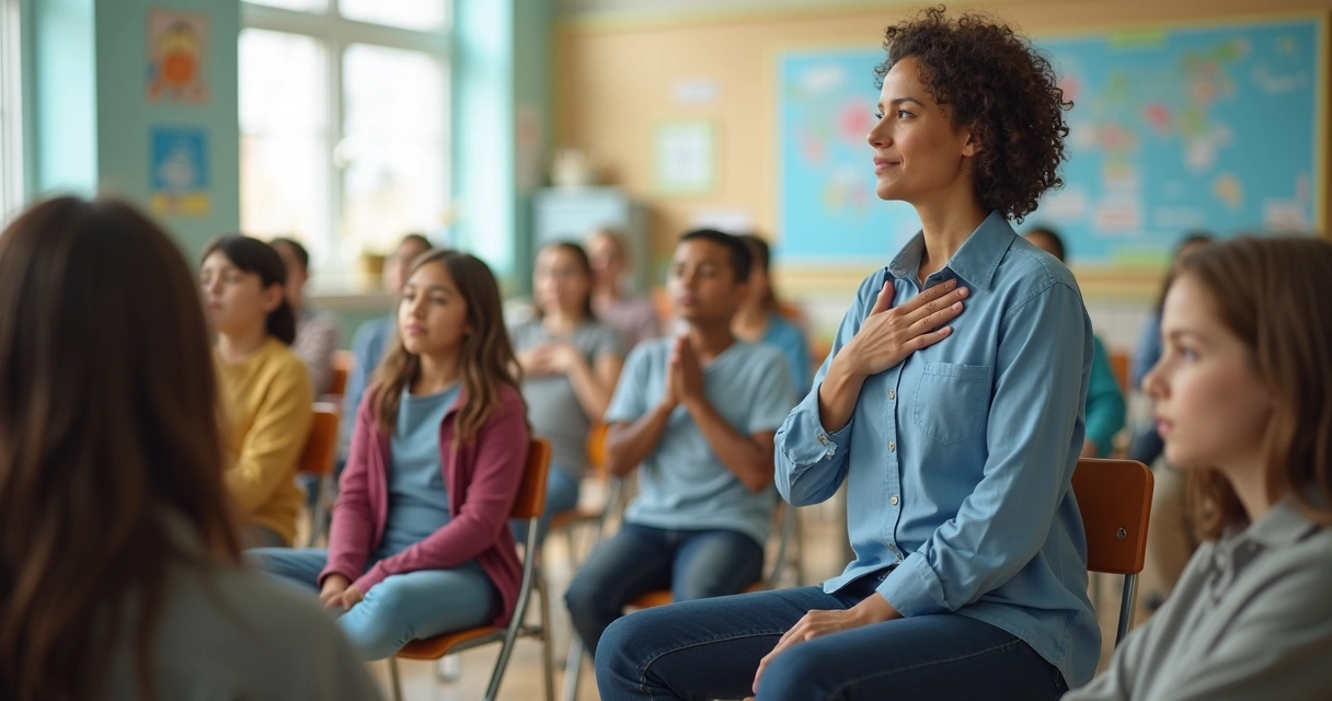 Professora conduzindo exercício de respiração com turma escolar