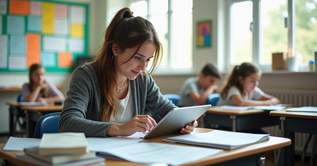 Professora revisando materiais digitais de aula 