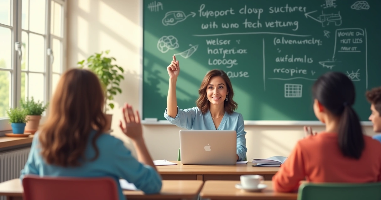 Professora em sala de aula com notebook e alunos atentos 