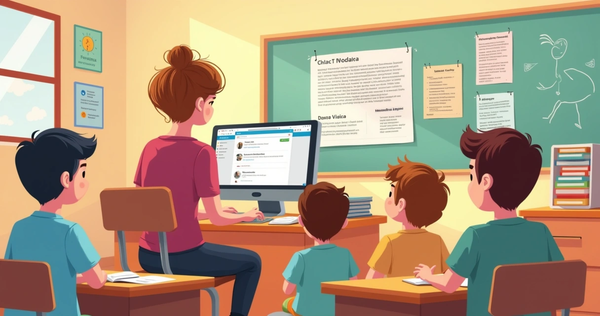 Professora interage com alunos usando computador em sala de aula 
