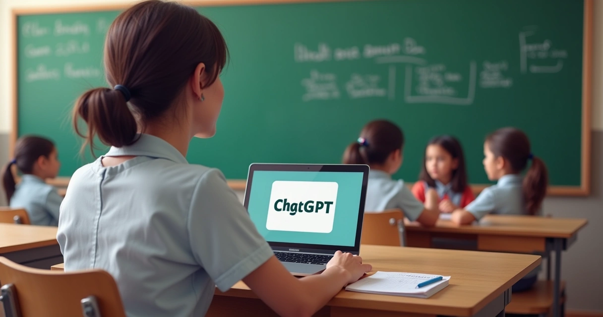 Professora usando notebook com ChatGPT em sala de aula 