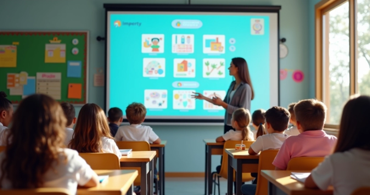 Professora usando painel digital interativo com alunos 