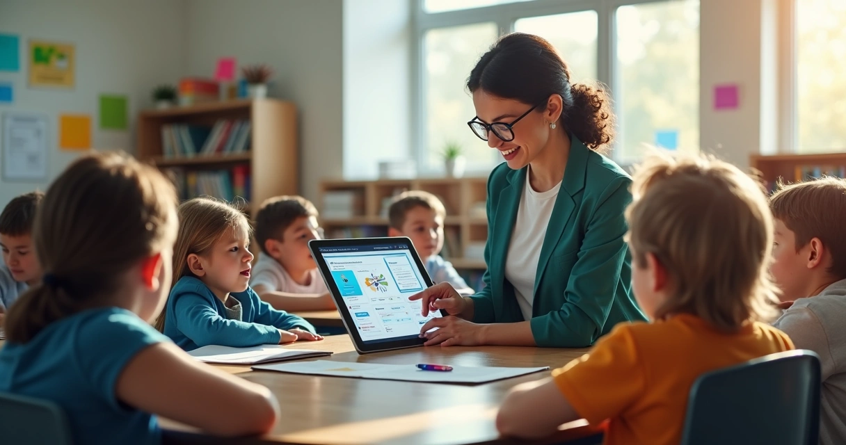 Professora usando inteligência artificial para criar atividades educacionais em tablet na sala de aula moderna com alunos atentos 