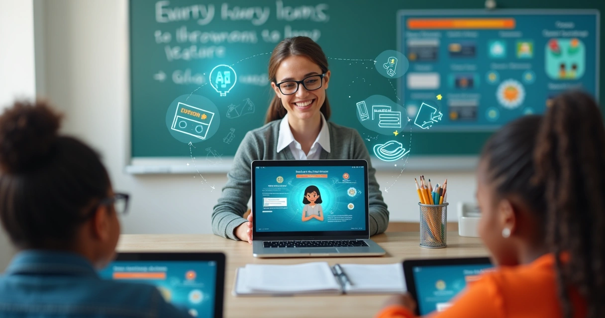 Professora usando plataforma educacional com assistente virtual de inteligência artificial em sala de aula moderna 