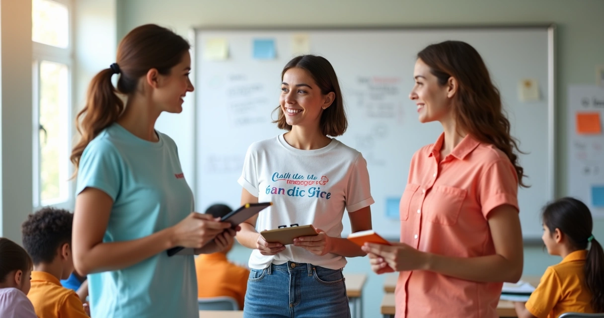 Professoras usando blusas personalizadas coloridas em sala de aula moderna 