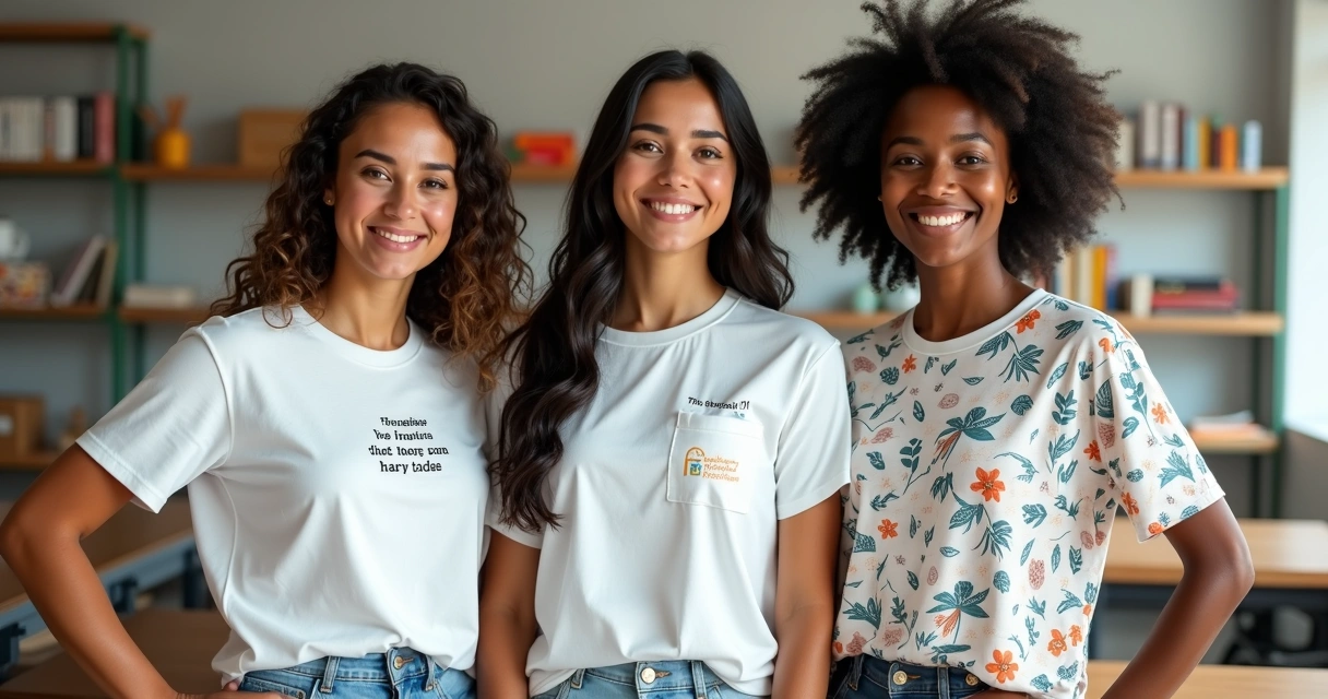 Professoras em sala de aula usando camisetas personalizadas com estampas educativas e bolsos 