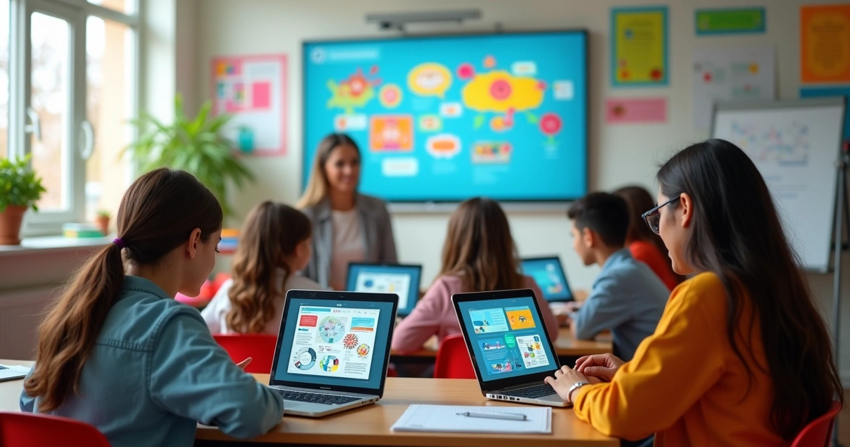 Professores e alunos em sala de aula usando computadores e tablets para criar materiais visuais no Canva, ambiente moderno com luz natural e decoração escolar colorida 
