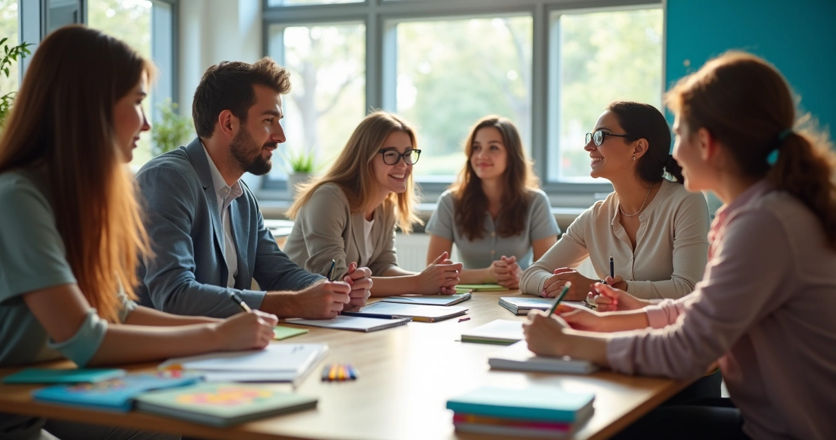 Professores participando de treinamento para ensino bilíngue, sentados em uma sala de aula moderna, materiais de apoio em destaque. 