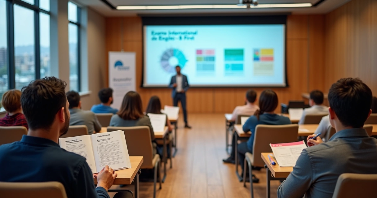 Educadores analisando certificado B2 First em auditório escolar moderno 