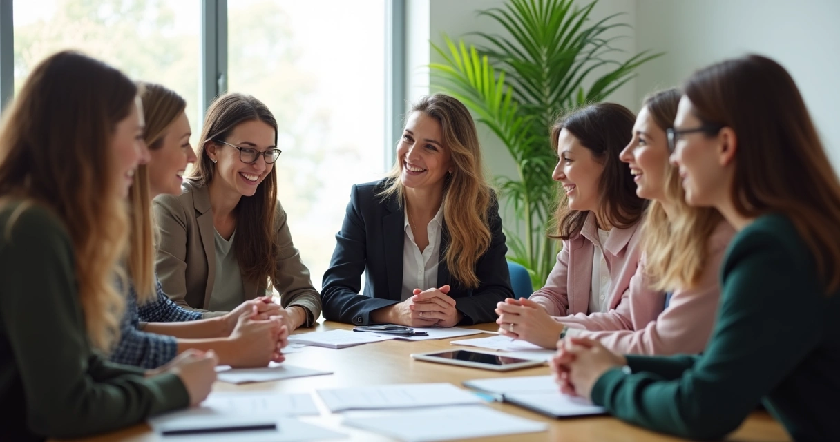 Educadores em reunião olhando atentos, trocando ideias e sorrisos.