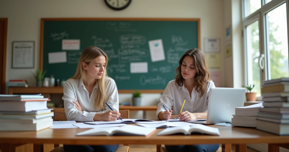 Dois professores sentados em uma mesa, corrigindo provas e digitando em notebooks 
