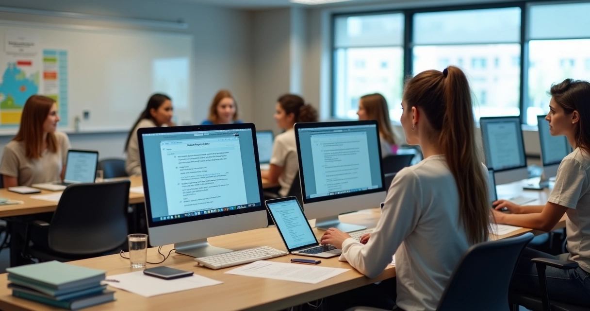 Professores usando computadores para corrigir provas digitais em uma sala de aula moderna. 