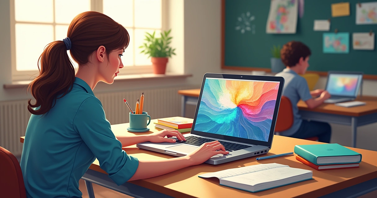 Professor em sala de aula criando ilustração no computador 