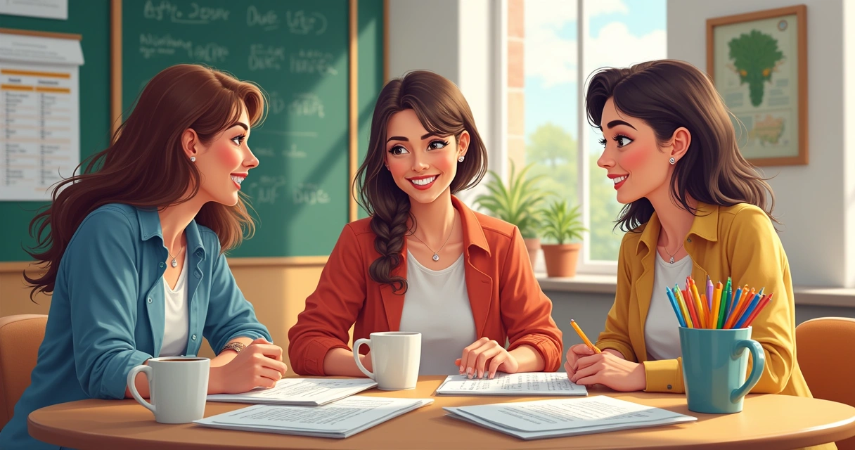 Professores da escola debatendo IA na sala dos professores 