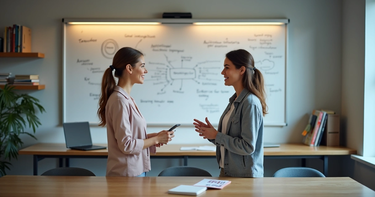 Professores discutindo tecnologia em sala de professores 