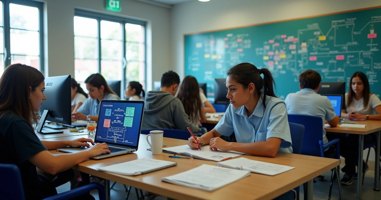 Professores e alunos brasileiros colaborando com IA no laboratório