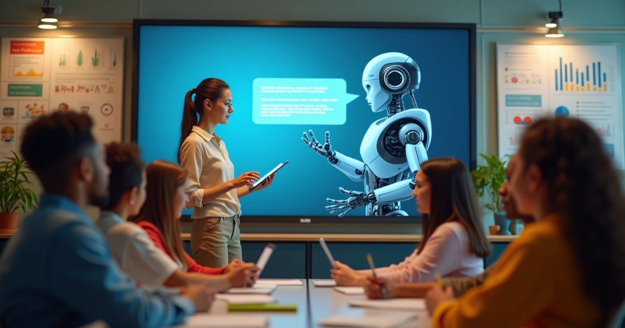 Professora usando um chatbot de IA com alunos atentos em sala de aula. 