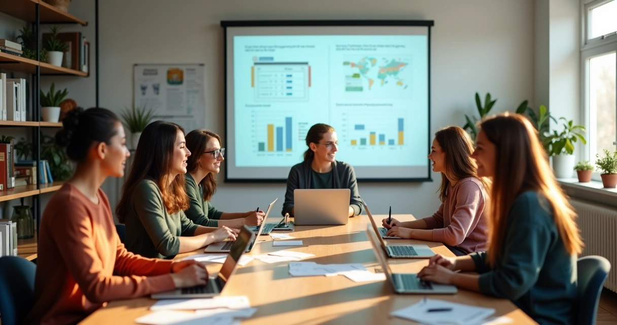 Grupo de professores analisando conteúdo digital em sala moderna. 