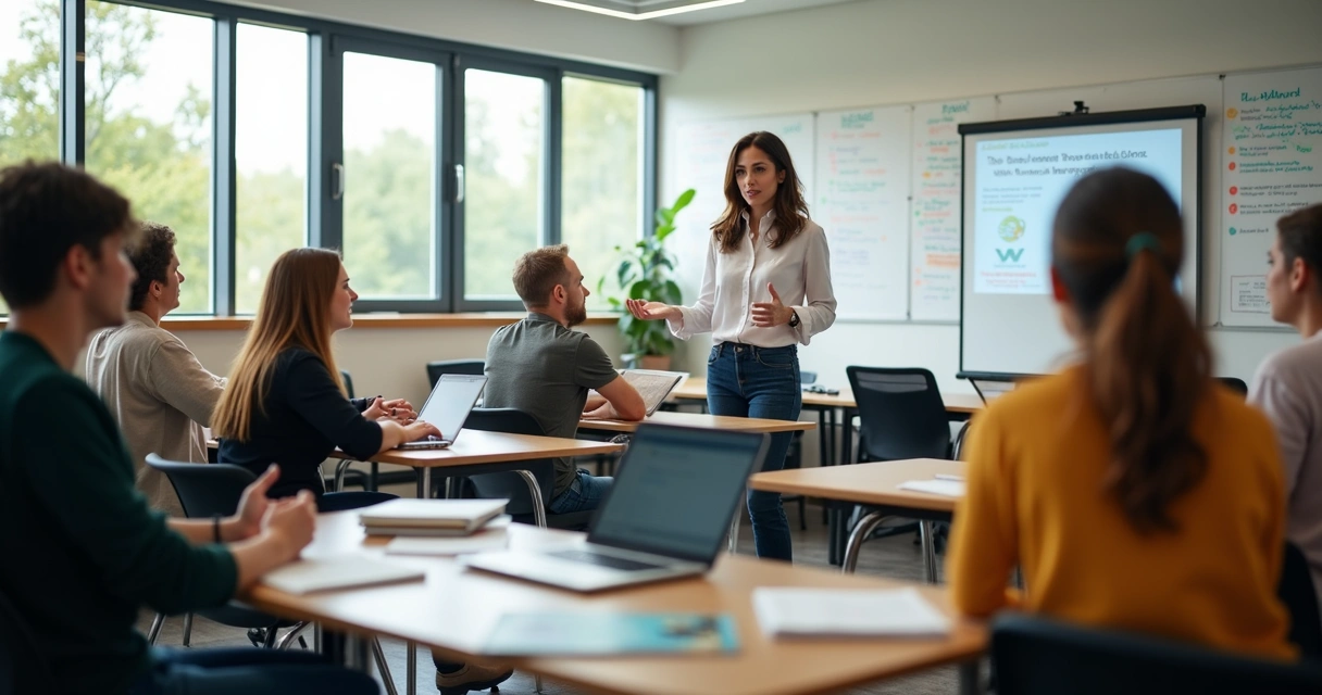 Professores reunidos em sala de aula realizando capacitação docente 