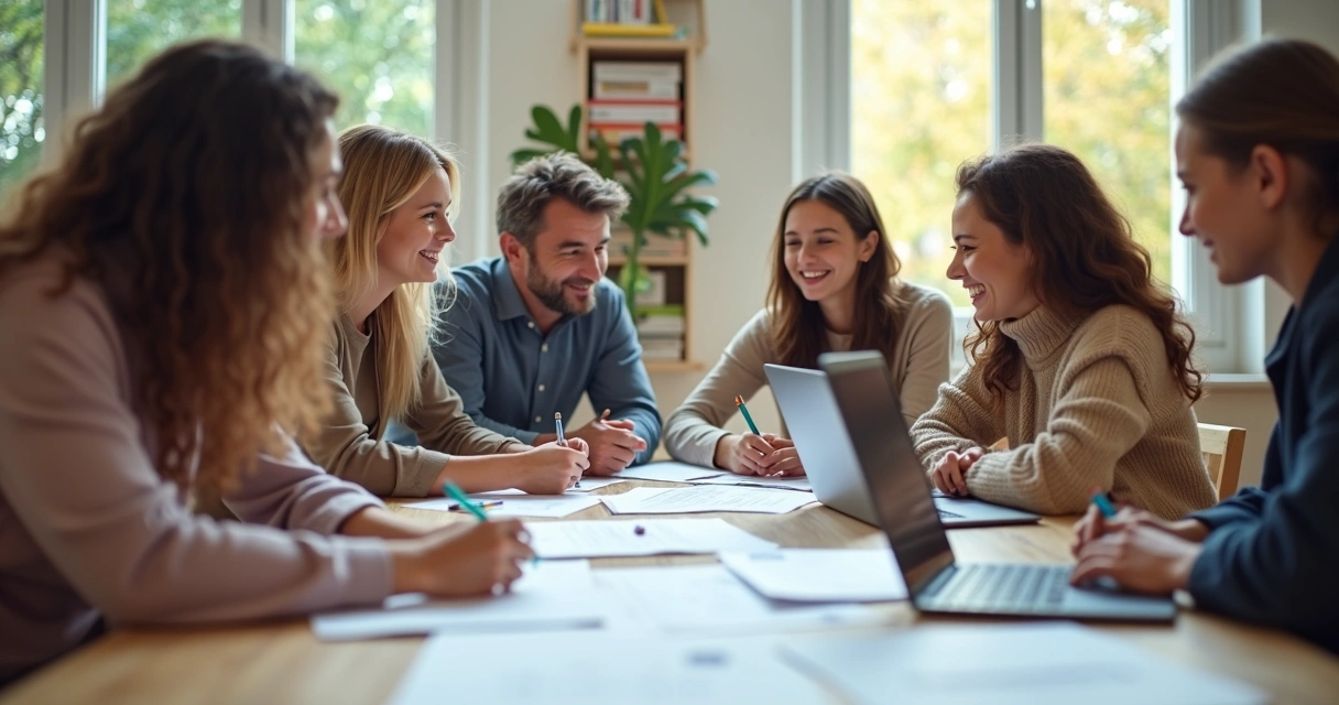 Professores reunidos em uma mesa revisando tarefas escolares