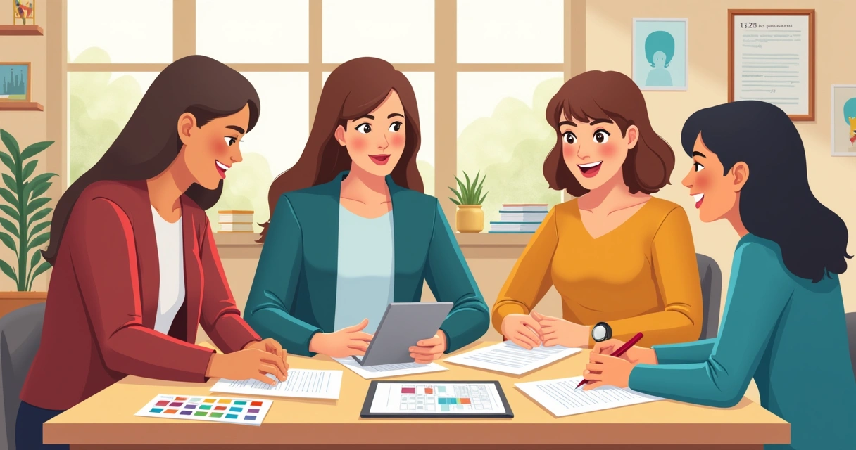 Professores reunidos em uma mesa com materiais didáticos e tablet 