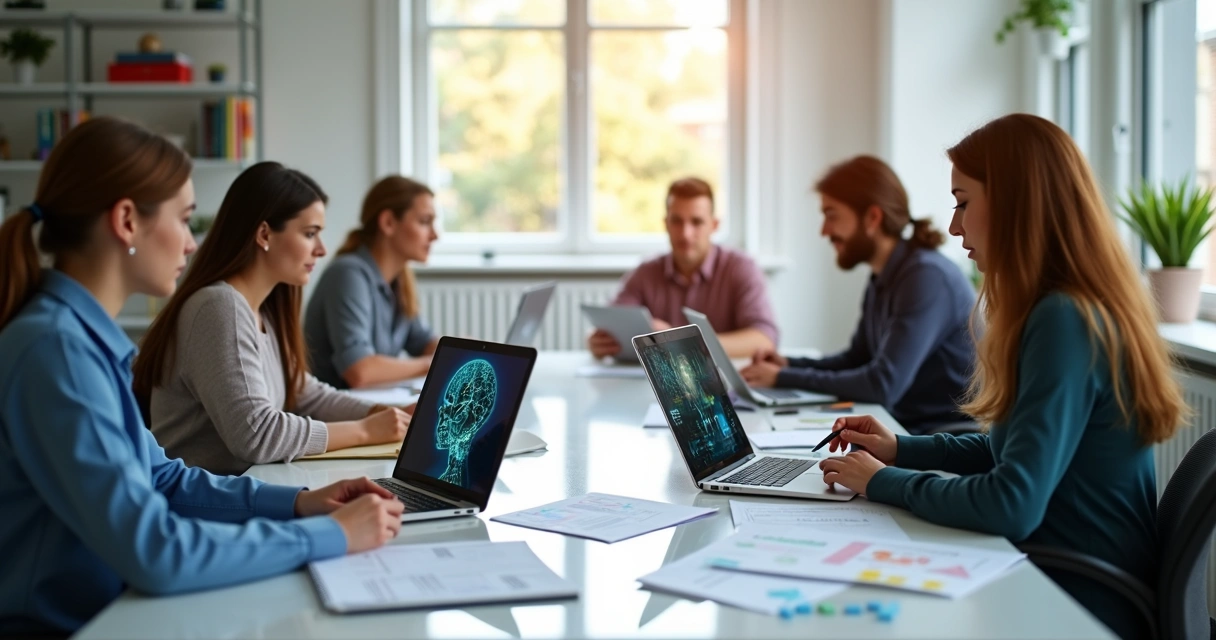 Professores estudando curso online de IA generativa em ambiente digital com notebooks e material didático interativo 