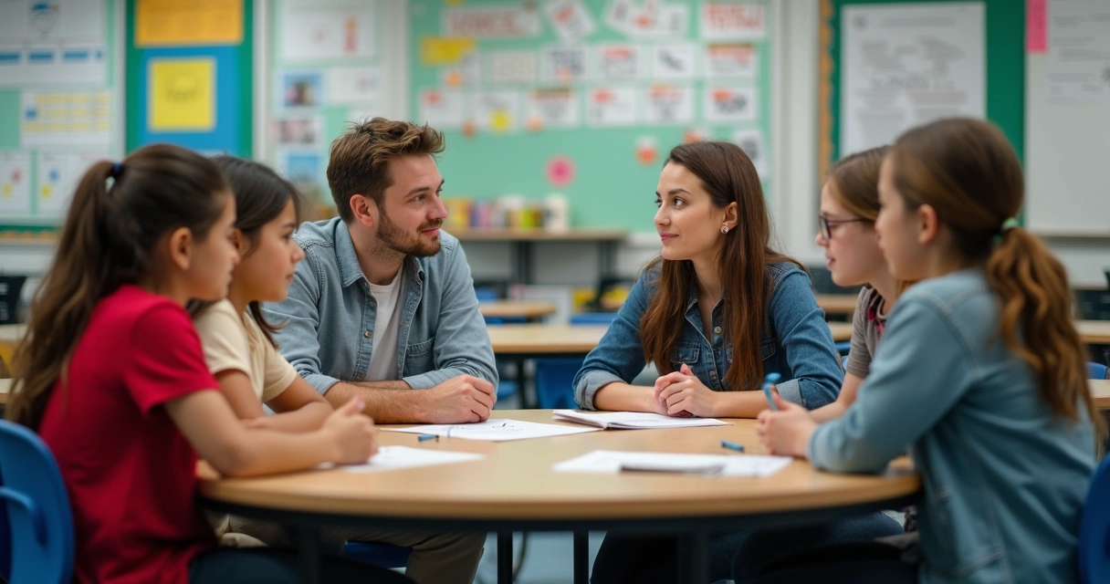 Dois professores conversando com alunos em sala de aula 