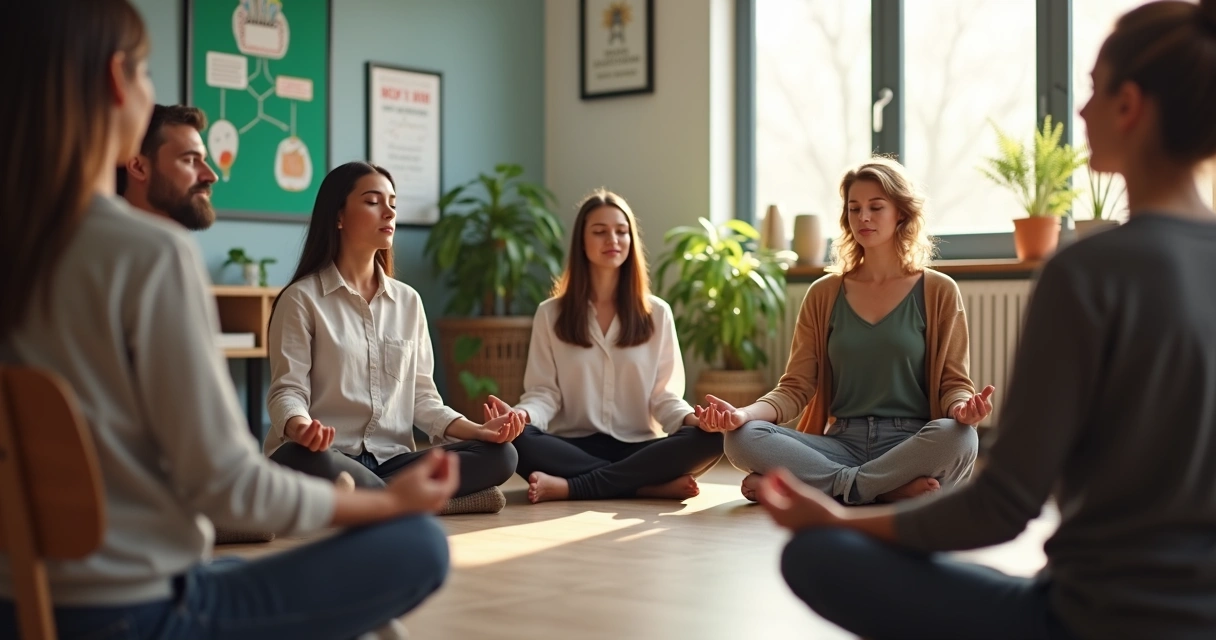Grupo de professores sentados em círculo praticando meditação 