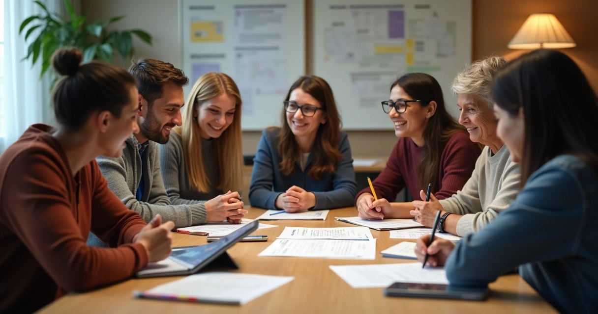 Professores em reunião trocando experiências de formação 