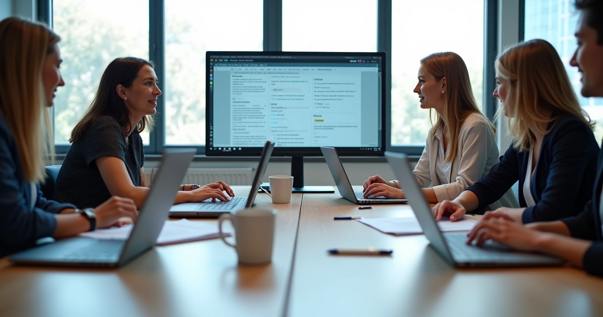 Professores discutindo avaliações em sala de reunião com notebooks 