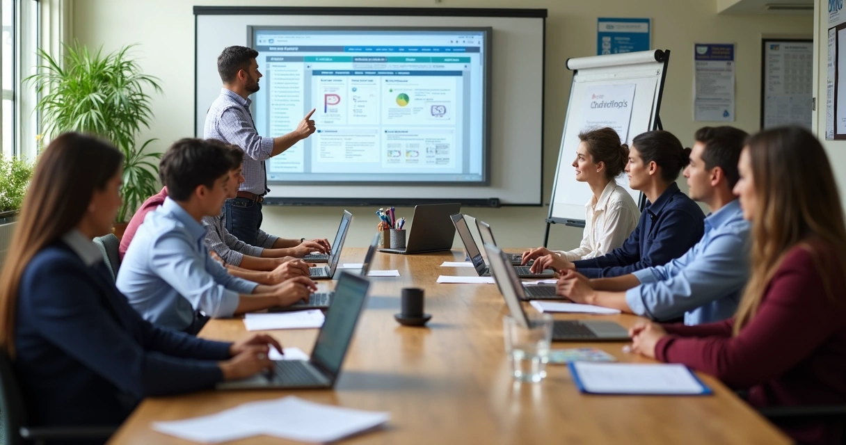 Equipe de professores em treinamento com computadores 