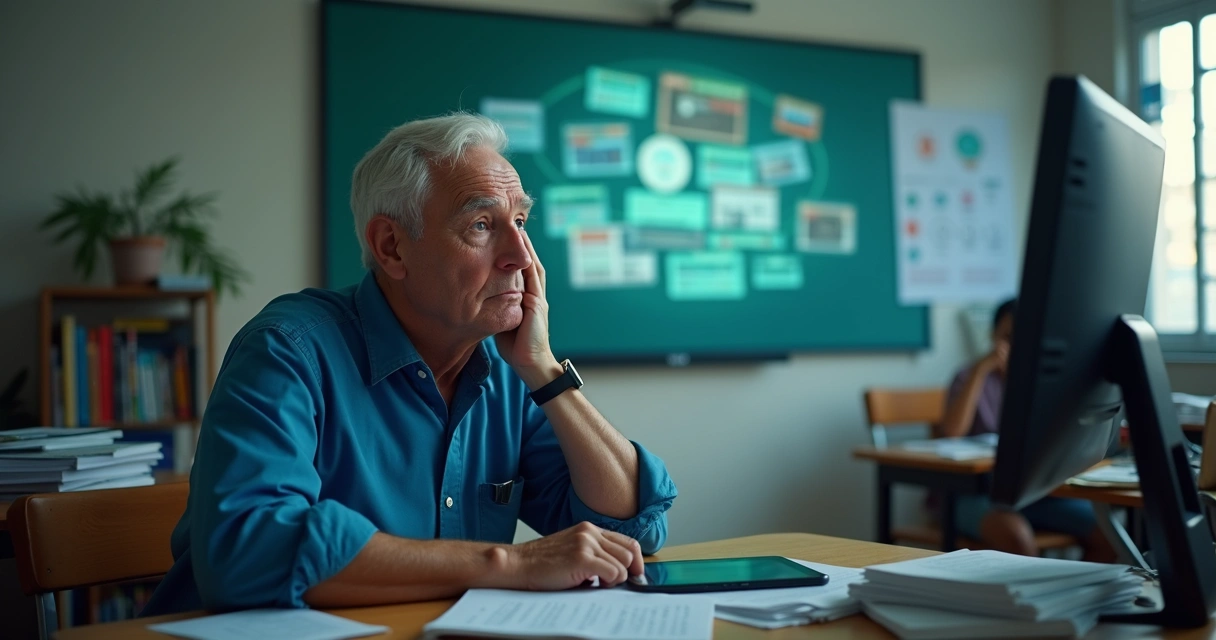 Professor cansado sentado em frente ao computador na escola 