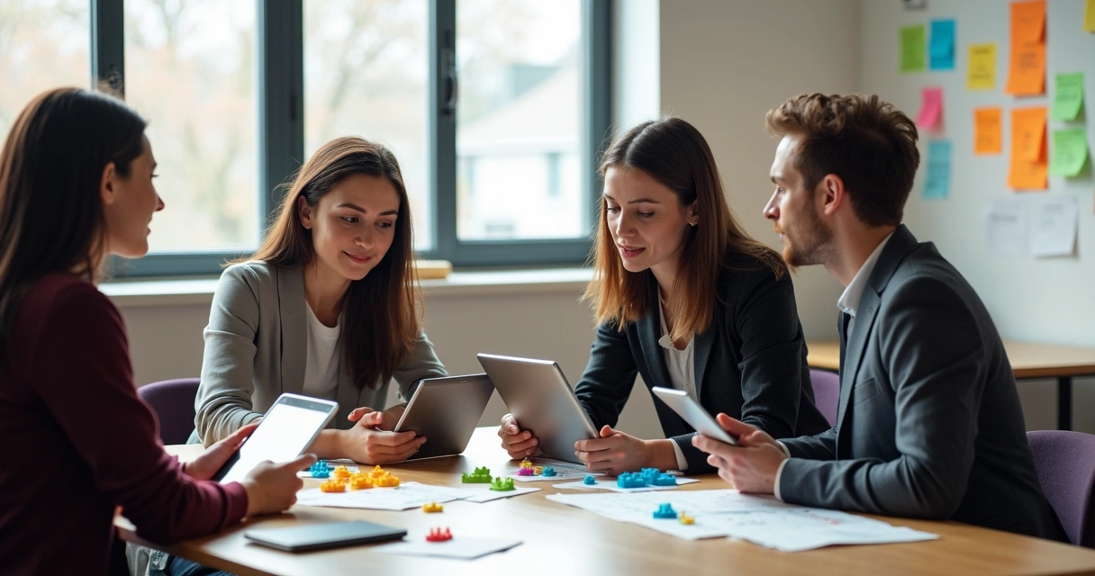 Professores analisando protótipos de soluções educacionais em sala colaborativa