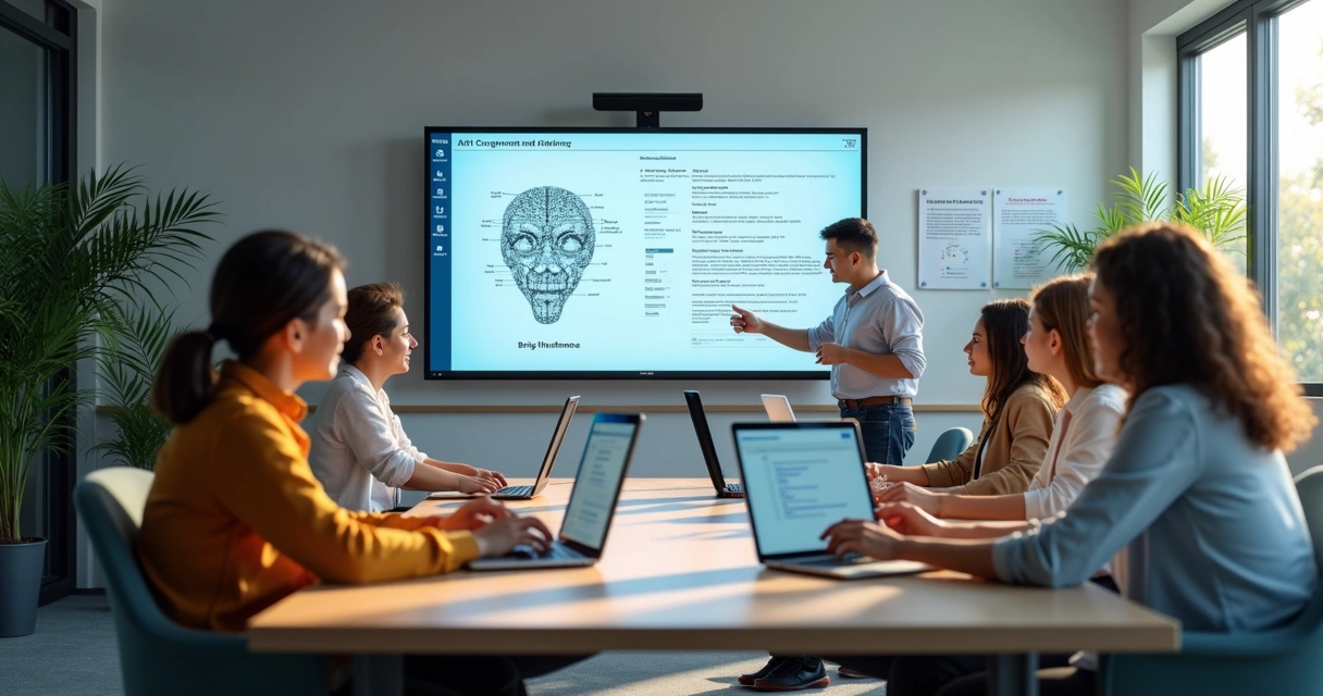 Professores em sala moderna participando de capacitação em inteligência artificial com notebook e quadro digital