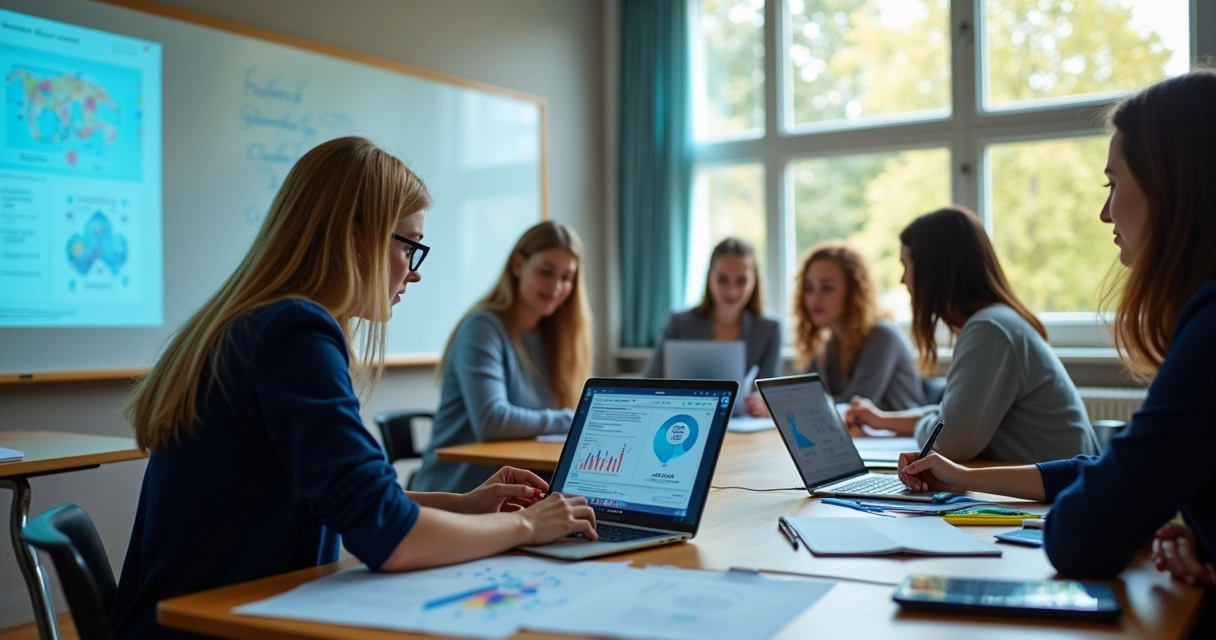 Professores sentados em sala de aula com notebooks e tablets exibindo gráficos de inteligência artificial. 