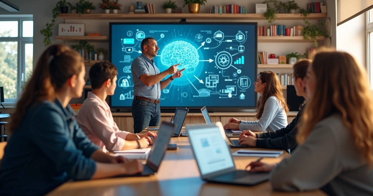 Professores em sala de aula com laptops e quadro digital discutindo inteligência artificial 