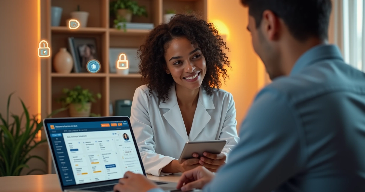 Profissionais de acompanhantes utilizando plataforma digital segura em ambiente moderno 