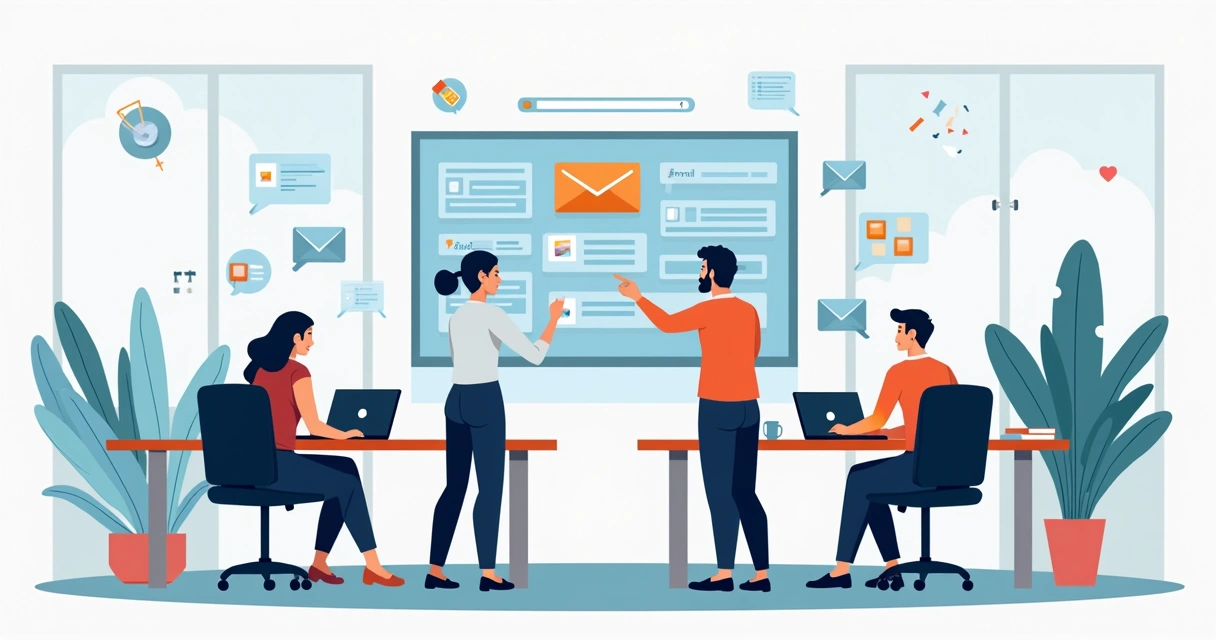 Equipe trabalhando em ambiente de escritório moderno, reunidos em torno de computadores, trocando ideias e e-mails 