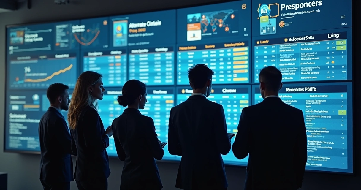 Profissionais analisando painel digital com repartição financeira automatizada 