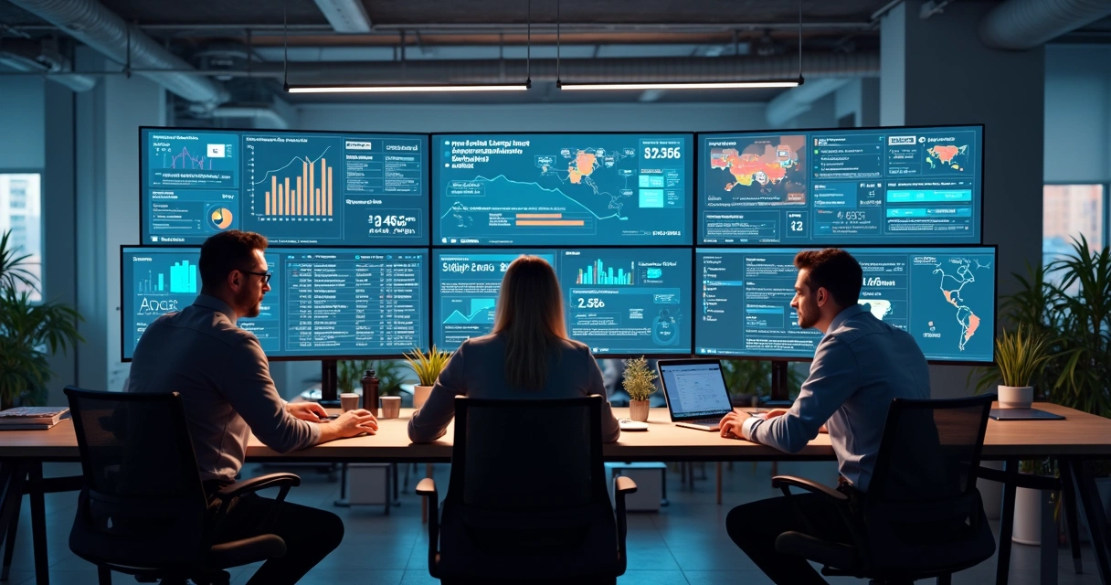 Equipe de profissionais analisando gráficos de campanhas digitais no computador 