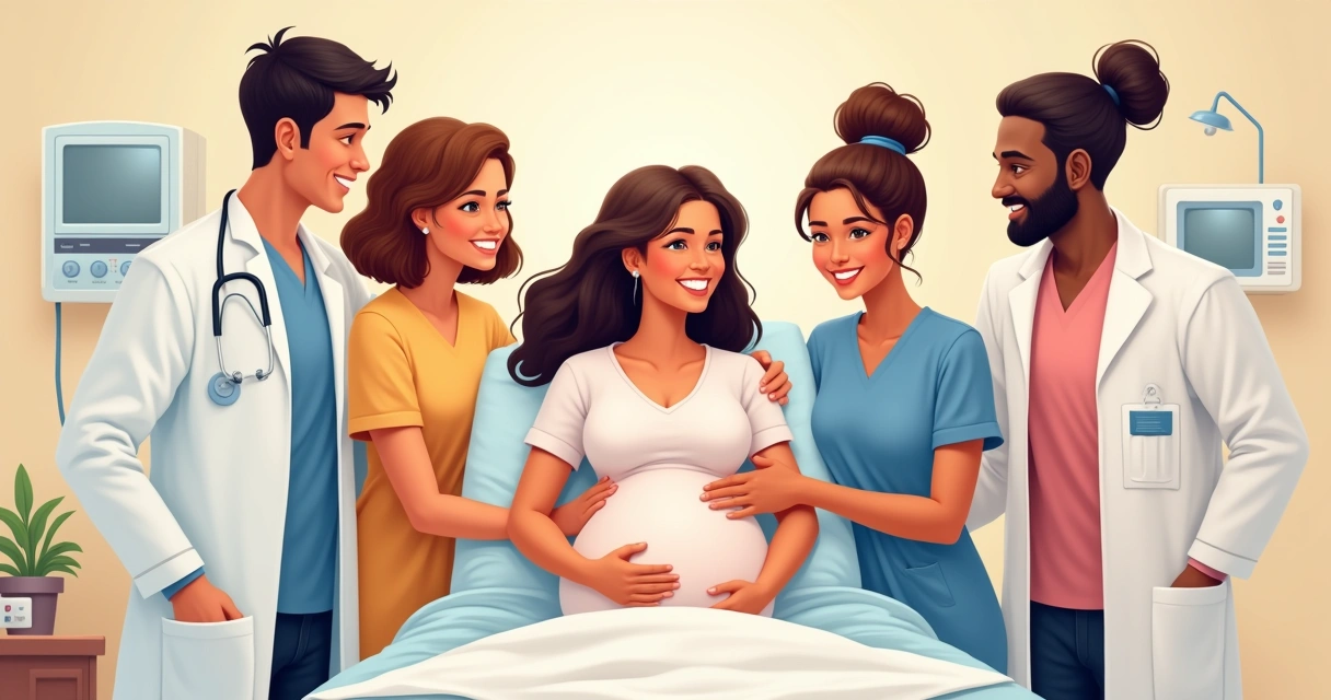 Equipe de apoio ao parto cercando gestante sorridente 