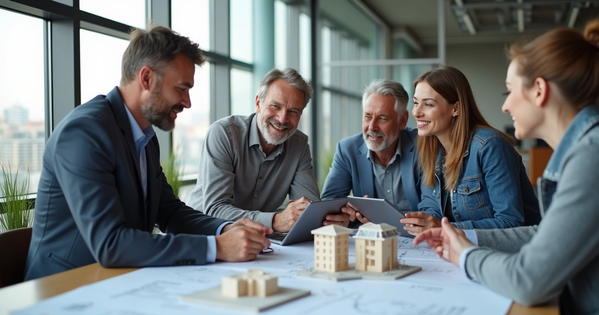 Profissionais de engenharia e arquitetura reunidos em ambiente moderno de coworking 