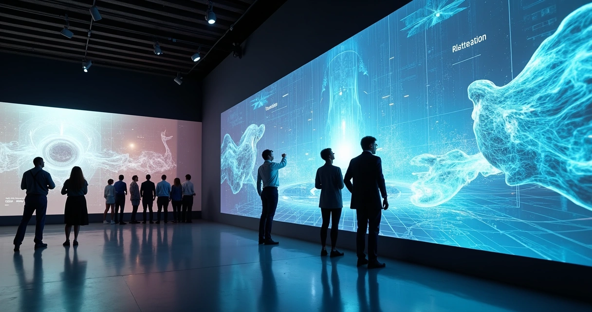 Curador, artista e técnico em museu virtual colaborando 