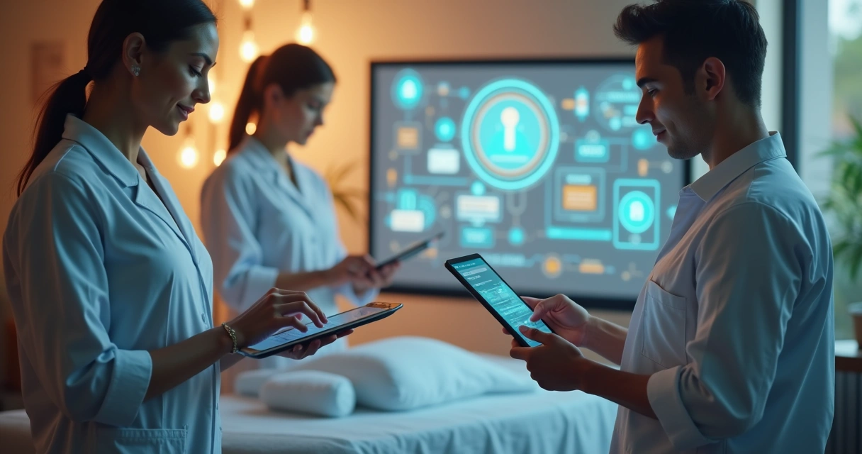 Profissionais de bem-estar usando dispositivos digitais em ambiente moderno e iluminado 